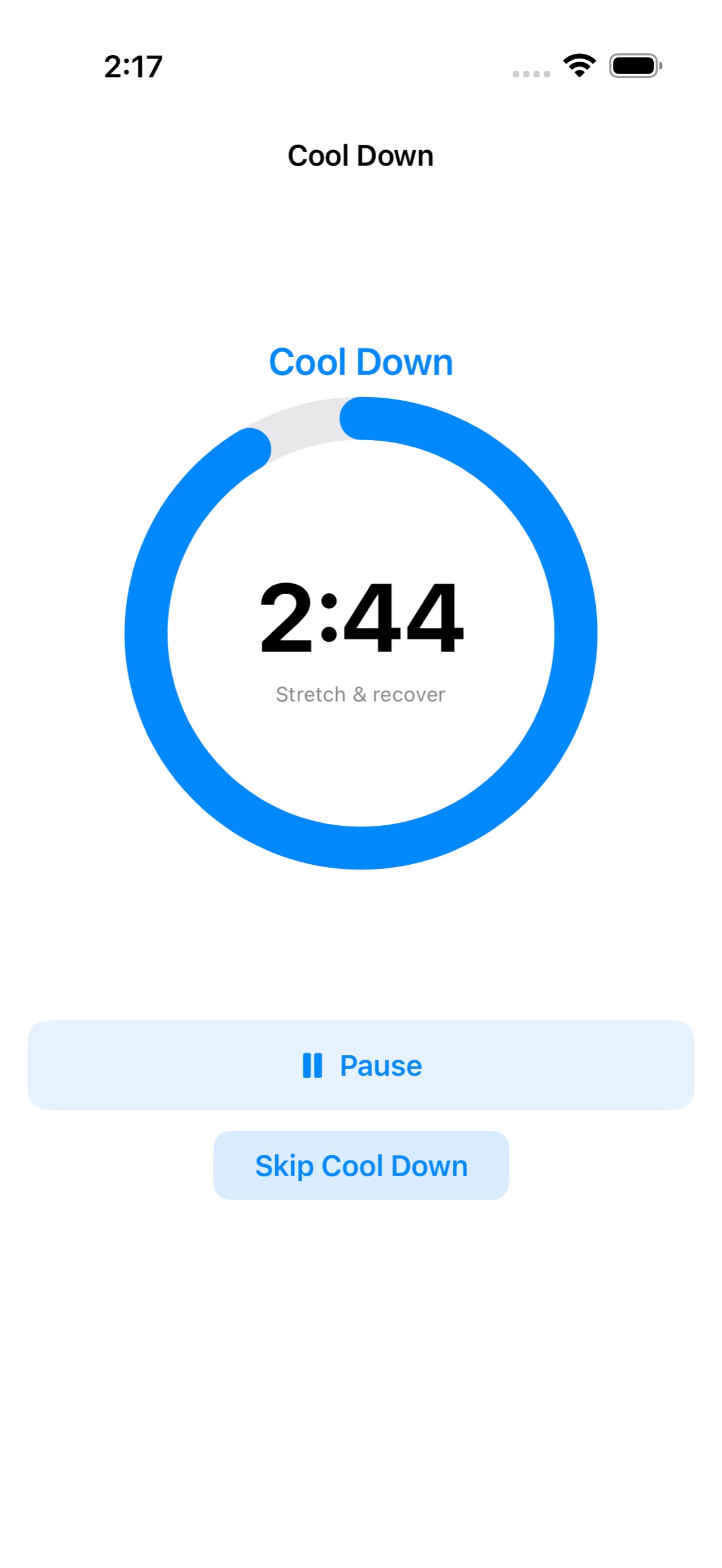 A Kettlebell Lab cool-down timer counting down from 2 minutes 44 seconds, with Pause and Skip Cool Down controls.