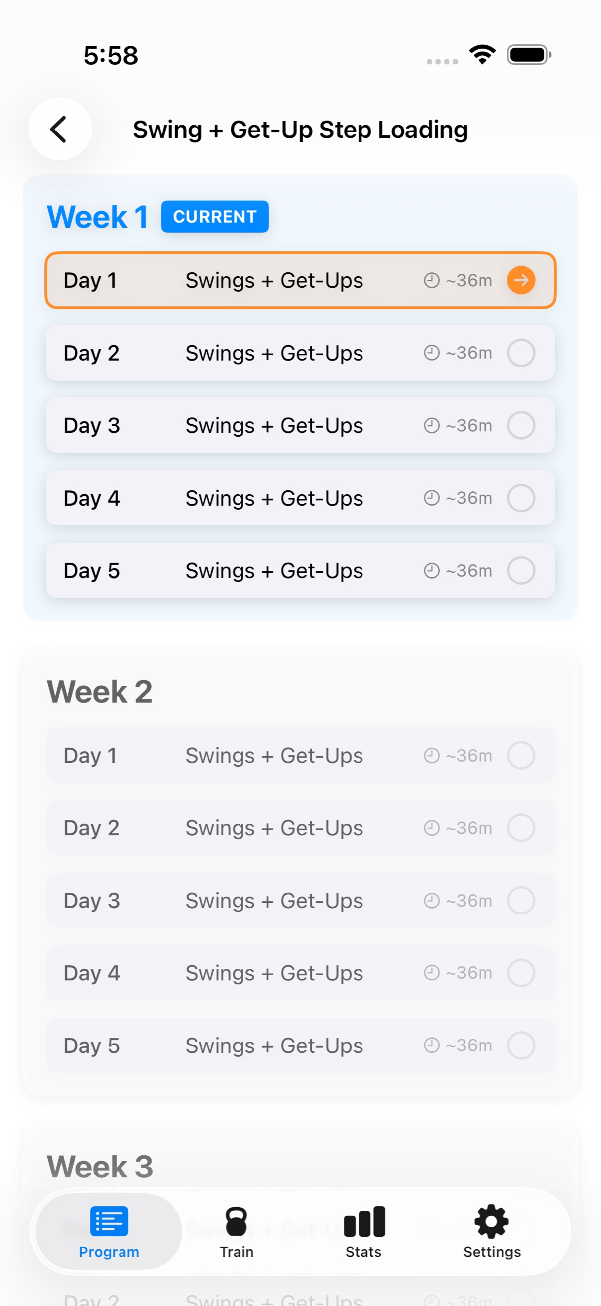 A Kettlebell Lab program view showing a multi-week schedule of training days.