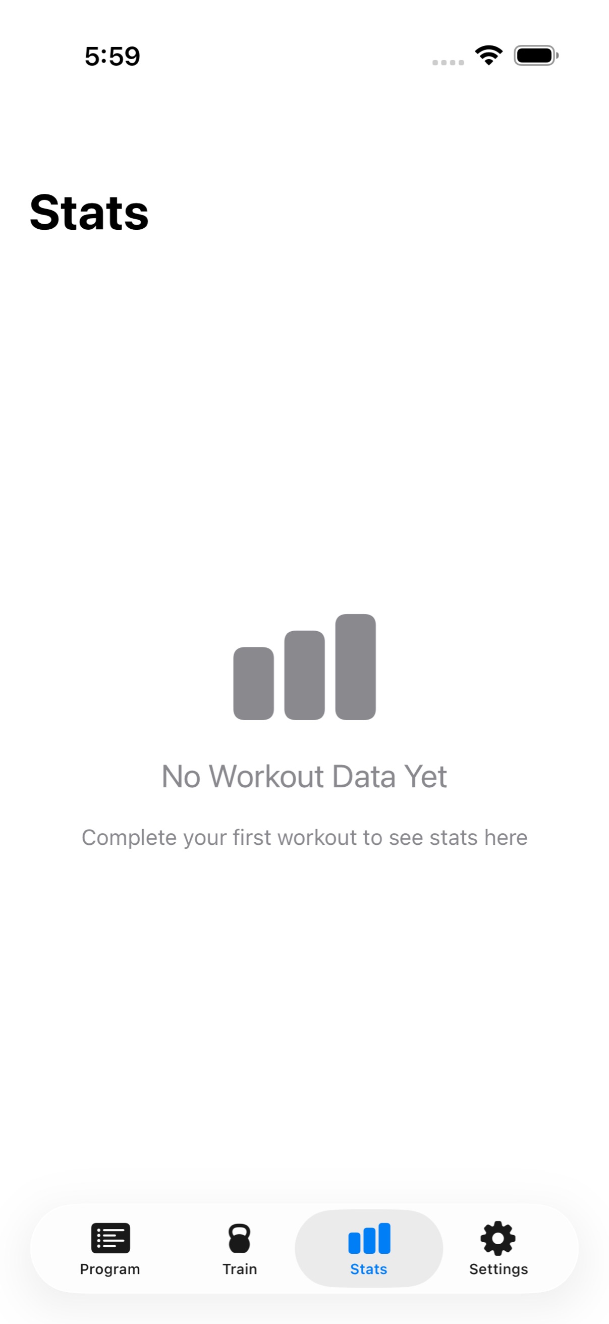 The Stats tab in Kettlebell Lab showing workout history and heart rate summaries.